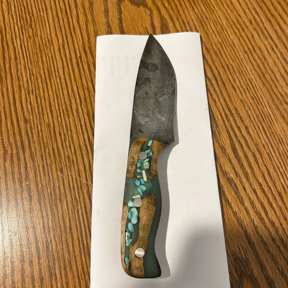 Handcrafted Knife with Turquoise and Wood Handle Etched Blade